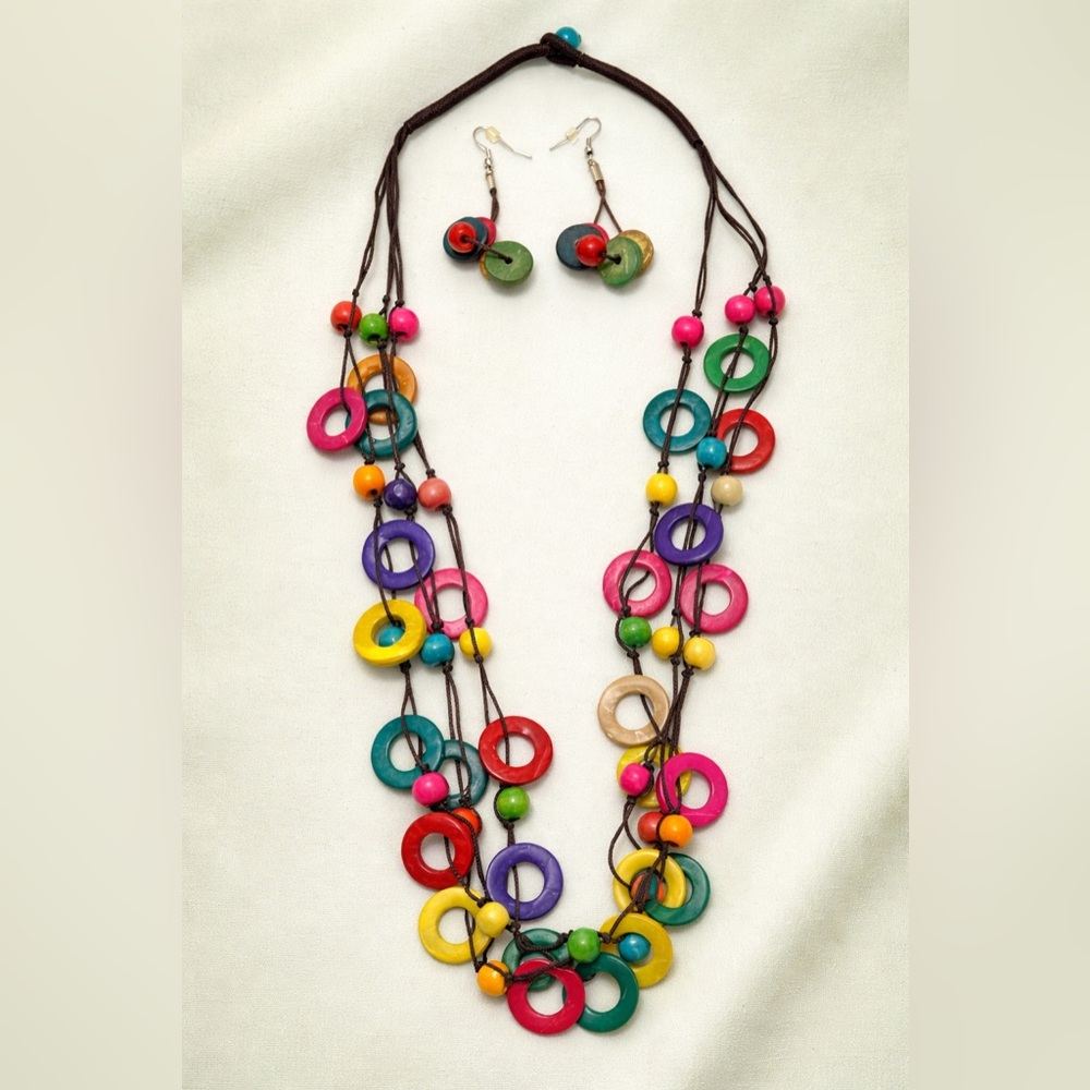 Bohemian Colorful Circle Necklace & Earring Set Statement Festival Jewelry